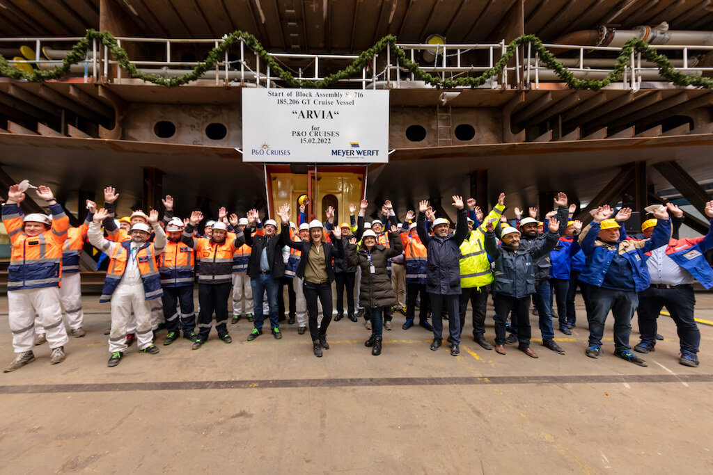 Meyer Werft workers celebrate the keel laying in Papenburg