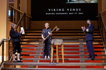 Viking Venus Naming Ceremony - Anne Diamond cuts the ribbon